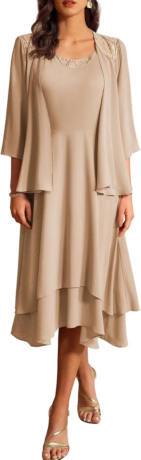 GRACE KARIN 2024 Mother of The Bride Dress Wedding Guest Dress with Sequin Jacket Long