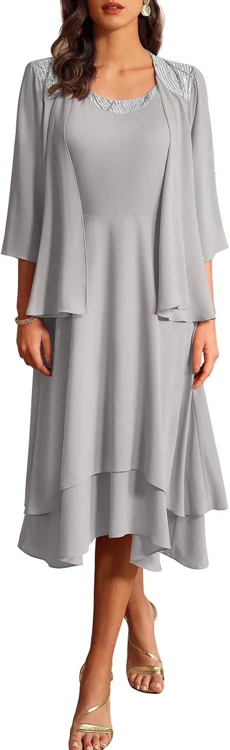 GRACE KARIN 2024 Mother of The Bride Dress Wedding Guest Dress with Sequin Jacket Long