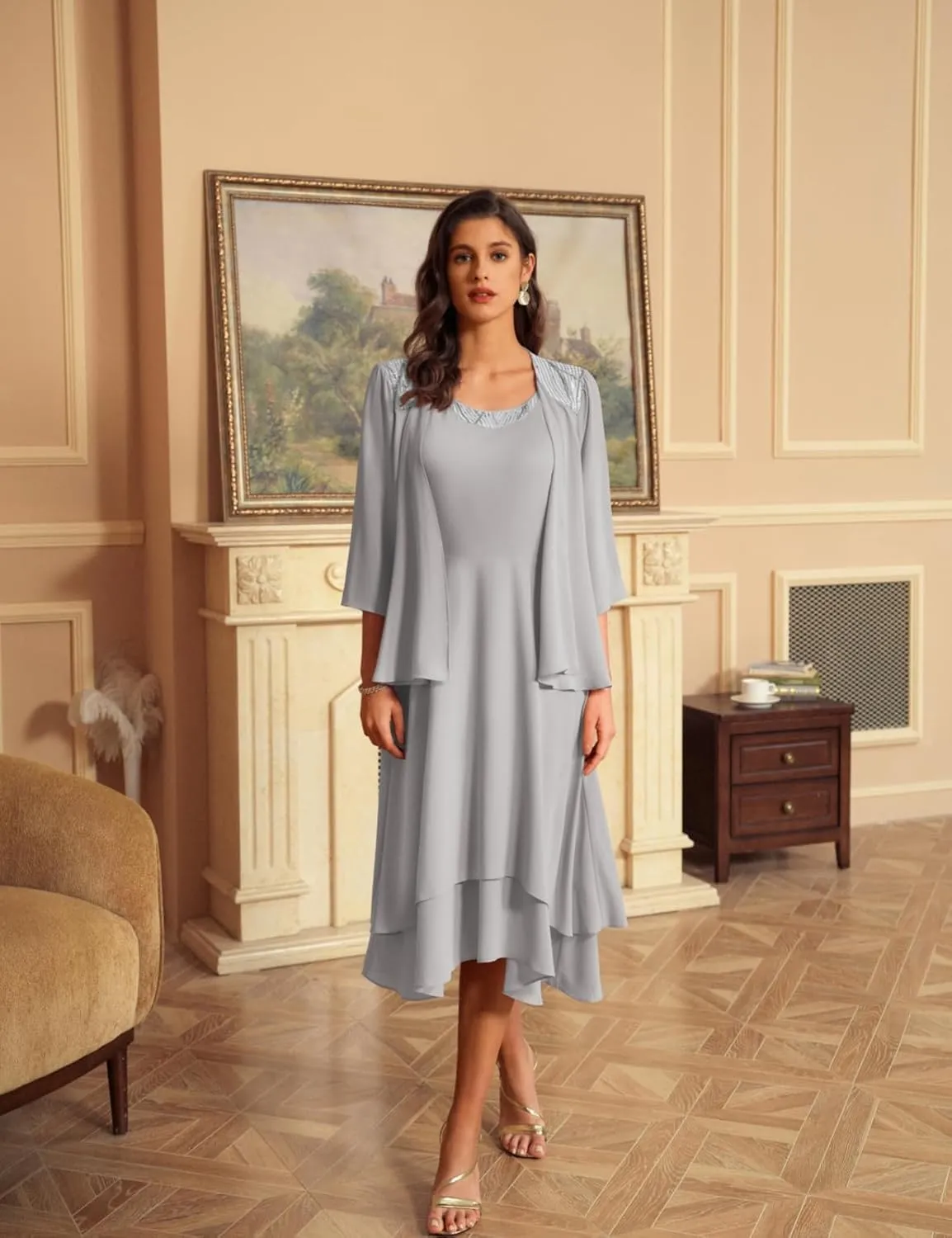 GRACE KARIN 2024 Mother of The Bride Dress Wedding Guest Dress with Sequin Jacket Long
