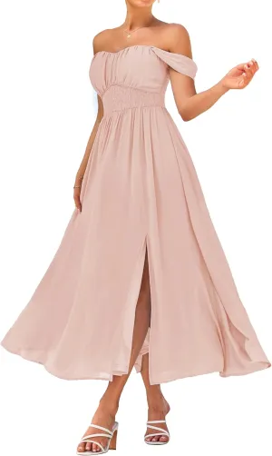 GRACE KARIN 2025 Women's Summer Floral Print Flowy A Line Maxi Dresses Sleeveless Smocked Off Shoulder Dress