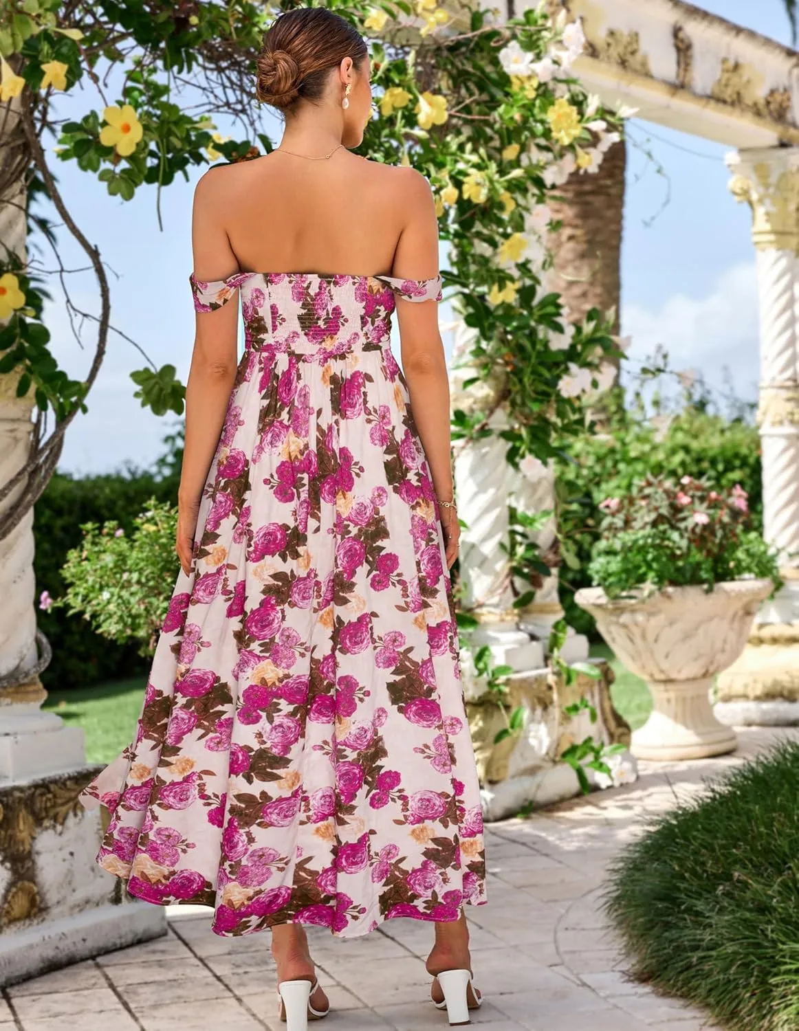 GRACE KARIN 2025 Women's Summer Floral Print Flowy A Line Maxi Dresses Sleeveless Smocked Off Shoulder Dress