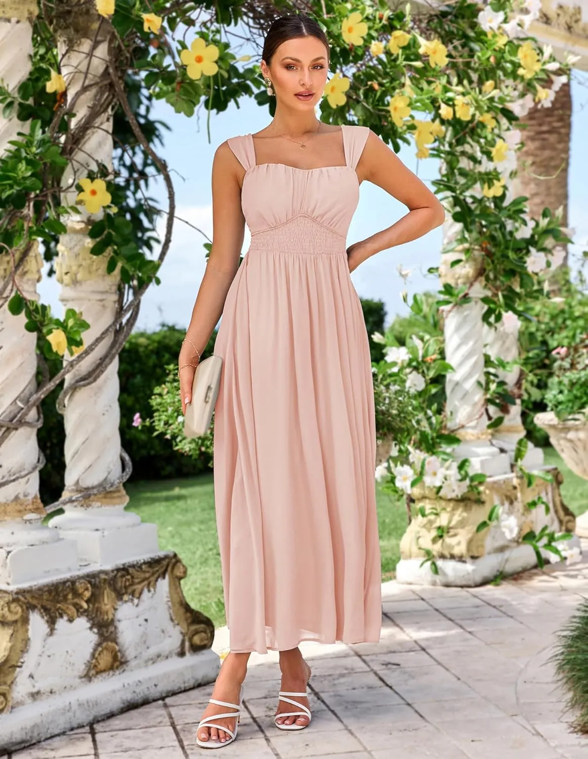 GRACE KARIN 2025 Women's Summer Floral Print Flowy A Line Maxi Dresses Sleeveless Smocked Off Shoulder Dress
