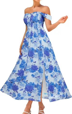 GRACE KARIN 2025 Women's Summer Floral Print Flowy A Line Maxi Dresses Sleeveless Smocked Off Shoulder Dress