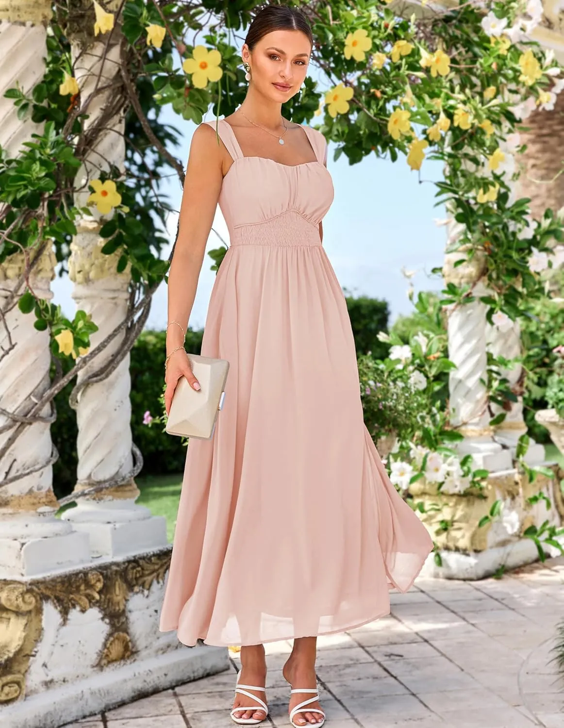 GRACE KARIN 2025 Women's Summer Floral Print Flowy A Line Maxi Dresses Sleeveless Smocked Off Shoulder Dress