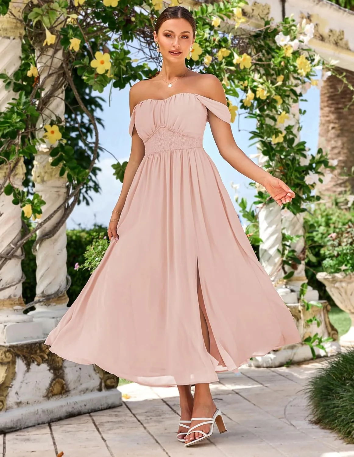 GRACE KARIN 2025 Women's Summer Floral Print Flowy A Line Maxi Dresses Sleeveless Smocked Off Shoulder Dress