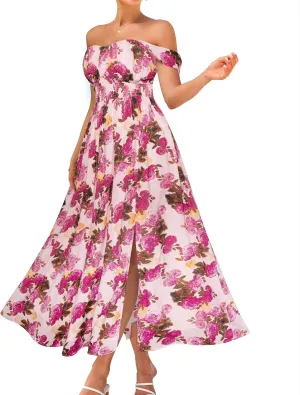 GRACE KARIN 2025 Women's Summer Floral Print Flowy A Line Maxi Dresses Sleeveless Smocked Off Shoulder Dress