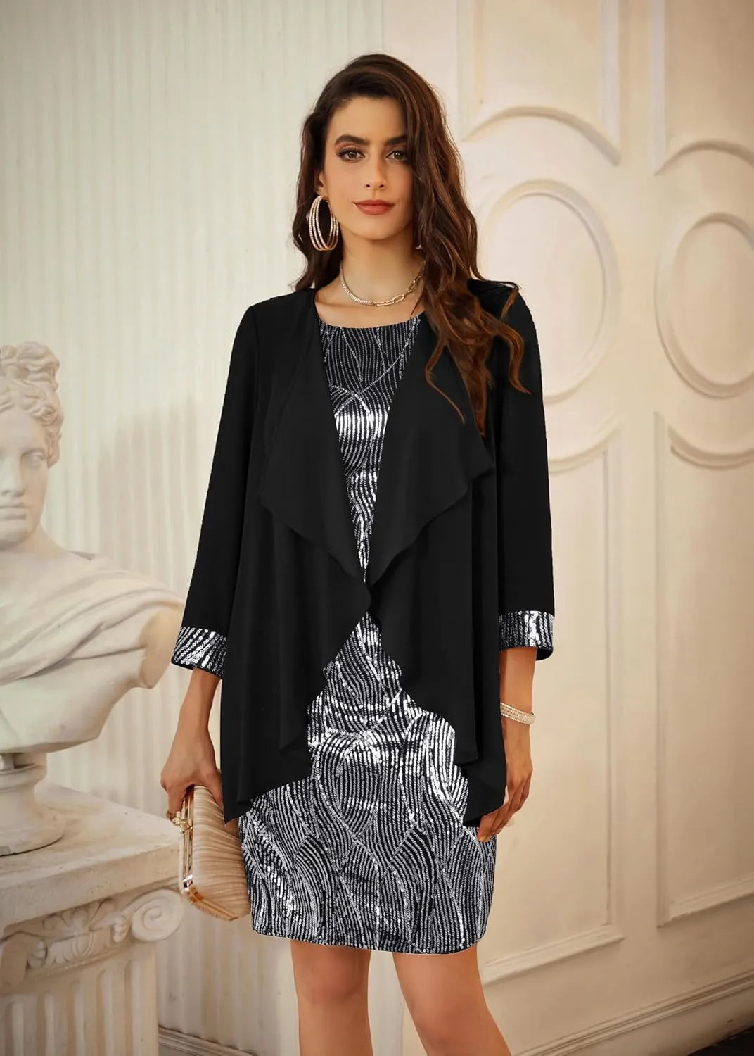 GRACE KARIN Sequin Dress for Women Knee Length Mother of the Bride Dresses Formal Dress Two Piece Dress with Chiffon Jacket