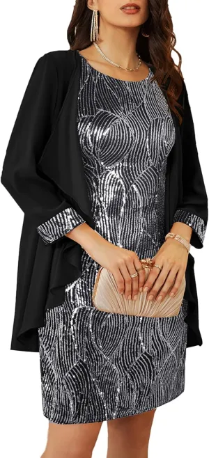 GRACE KARIN Sequin Dress for Women Knee Length Mother of the Bride Dresses Formal Dress Two Piece Dress with Chiffon Jacket
