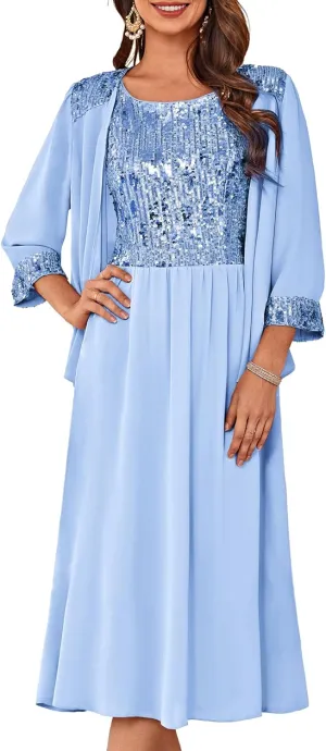 GRACE KARIN Wedding Guest Dress Mother of The Bride Dresses Two Piece Formal Sequin Dress with Jacket Tea Length 2025