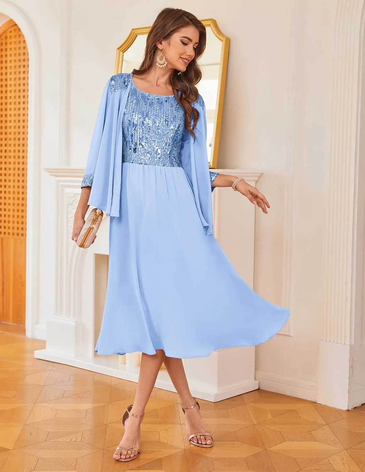 GRACE KARIN Wedding Guest Dress Mother of The Bride Dresses Two Piece Formal Sequin Dress with Jacket Tea Length 2025