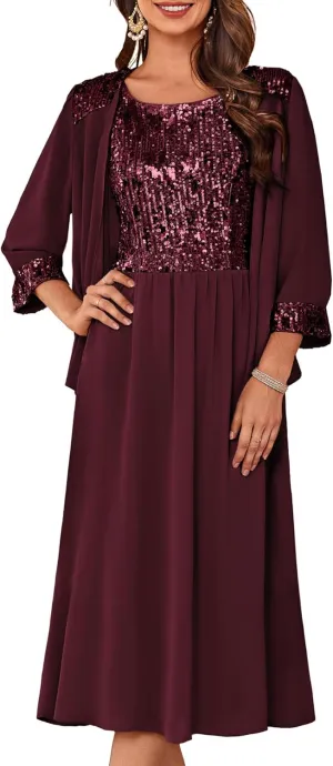 GRACE KARIN Wedding Guest Dress Mother of The Bride Dresses Two Piece Formal Sequin Dress with Jacket Tea Length 2025