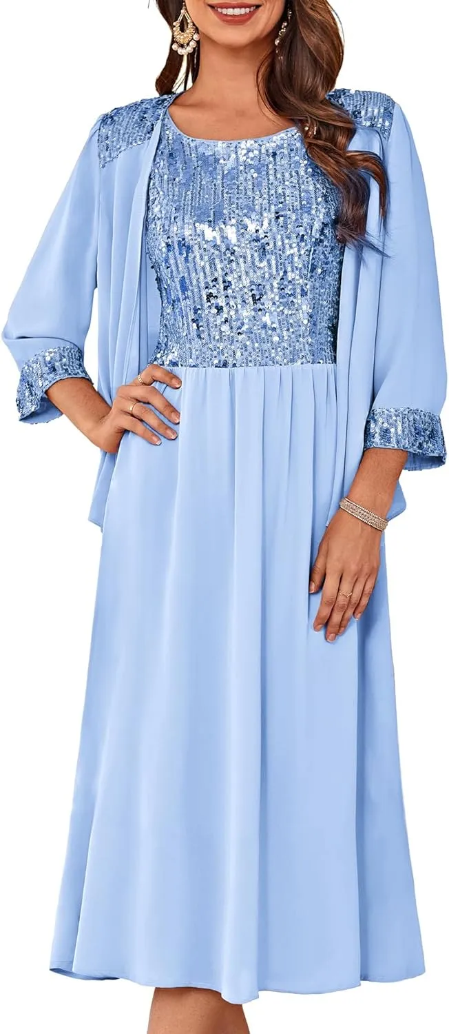 GRACE KARIN Wedding Guest Dress Mother of The Bride Dresses Two Piece Formal Sequin Dress with Jacket Tea Length 2025