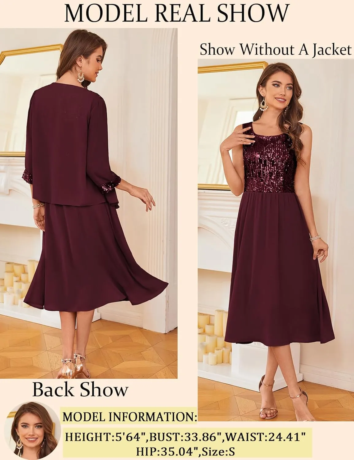 GRACE KARIN Wedding Guest Dress Mother of The Bride Dresses Two Piece Formal Sequin Dress with Jacket Tea Length 2025