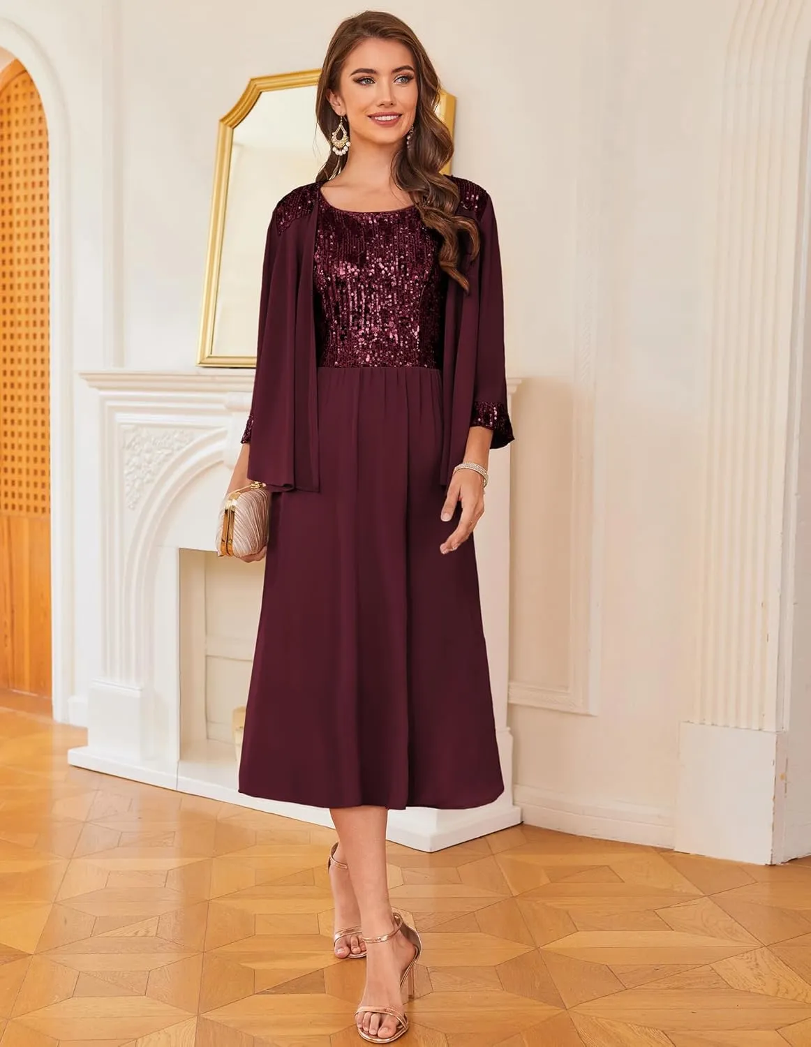 GRACE KARIN Wedding Guest Dress Mother of The Bride Dresses Two Piece Formal Sequin Dress with Jacket Tea Length 2025