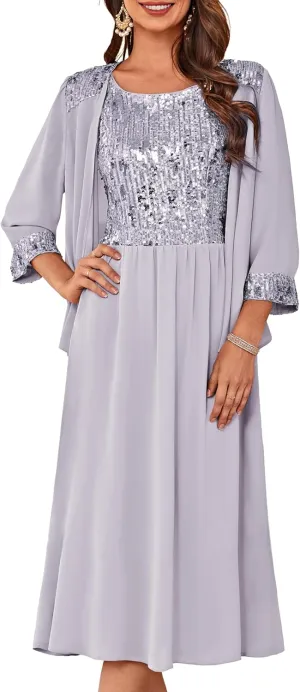 GRACE KARIN Wedding Guest Dress Mother of The Bride Dresses Two Piece Formal Sequin Dress with Jacket Tea Length 2025