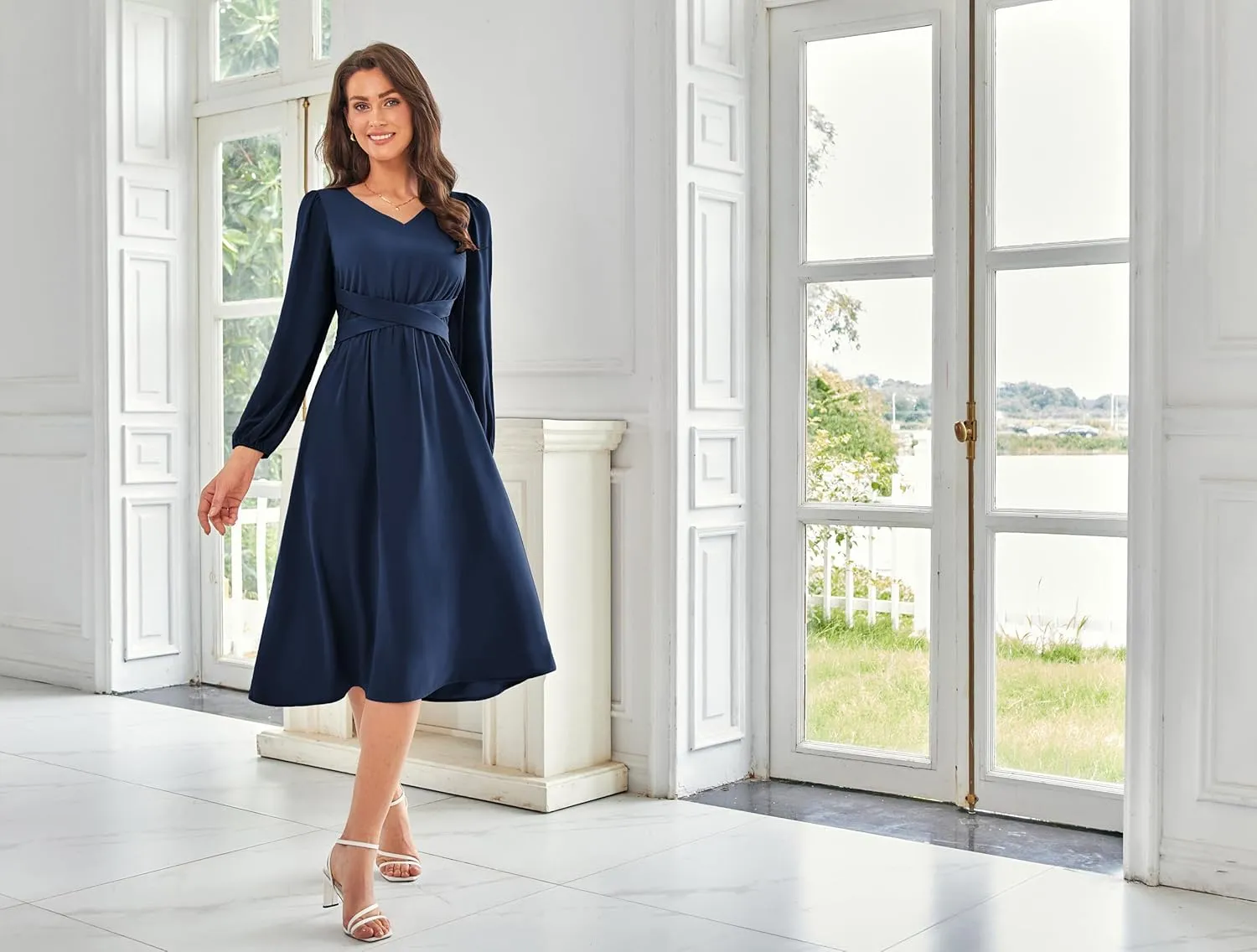 GRACE KARIN Women's Chiffon Dresses V Neck Long Sleeve Smocked Waist A-Line Midi Length Wedding Guest Dress