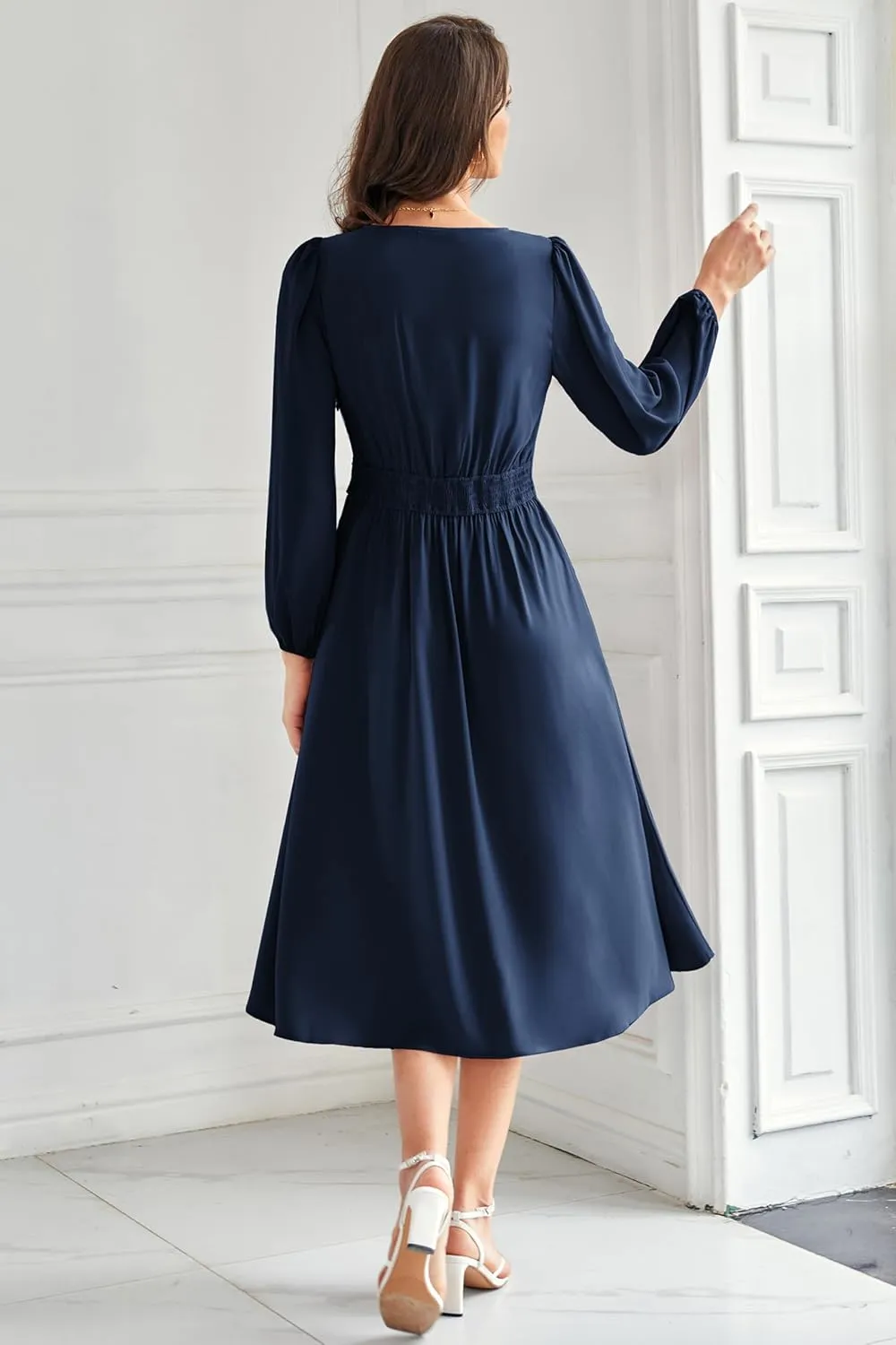 GRACE KARIN Women's Chiffon Dresses V Neck Long Sleeve Smocked Waist A-Line Midi Length Wedding Guest Dress