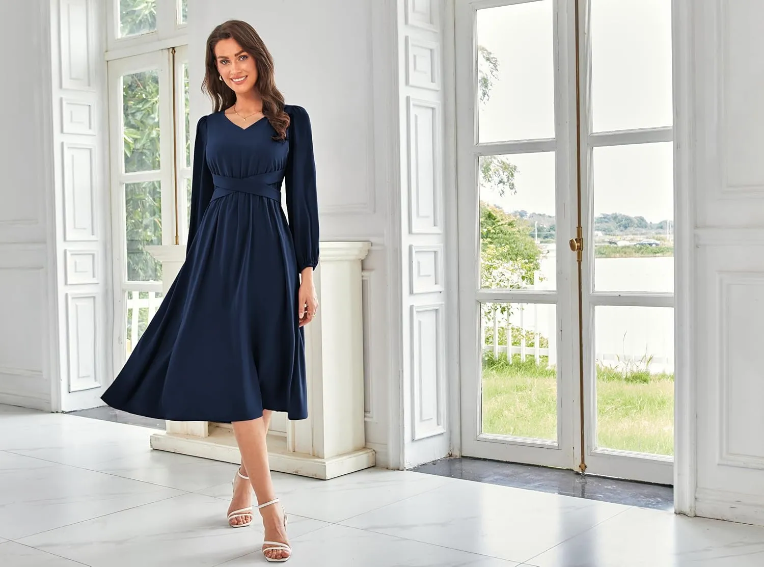 GRACE KARIN Women's Chiffon Dresses V Neck Long Sleeve Smocked Waist A-Line Midi Length Wedding Guest Dress
