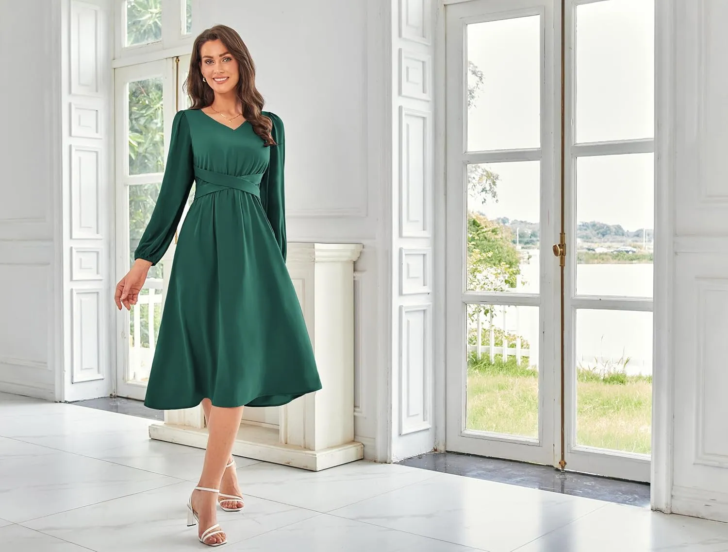 GRACE KARIN Women's Chiffon Dresses V Neck Long Sleeve Smocked Waist A-Line Midi Length Wedding Guest Dress