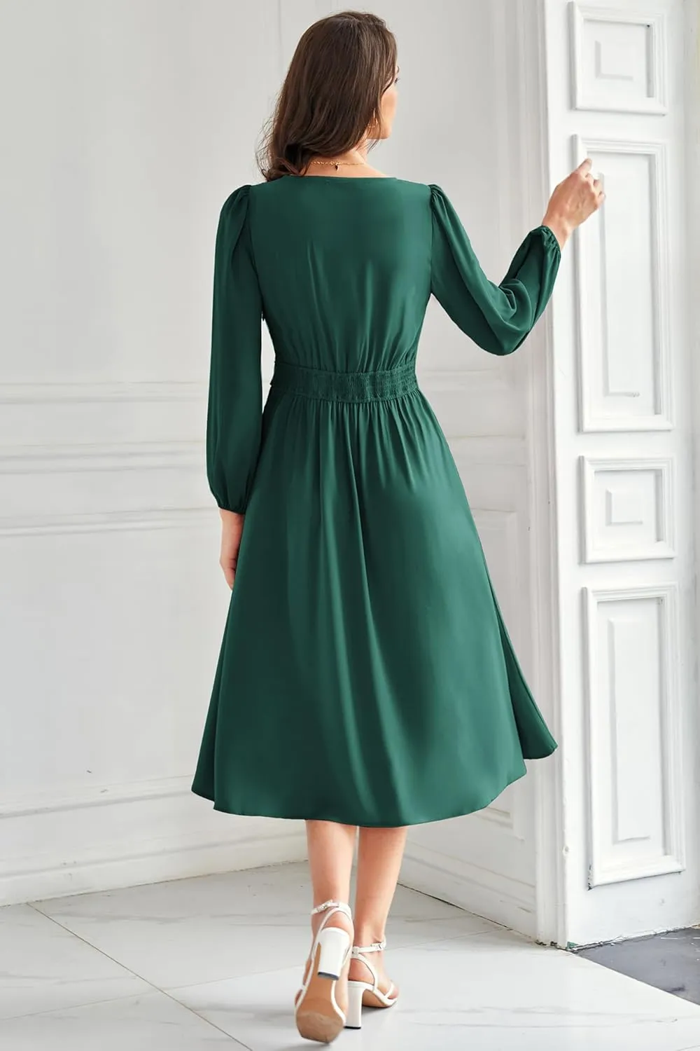GRACE KARIN Women's Chiffon Dresses V Neck Long Sleeve Smocked Waist A-Line Midi Length Wedding Guest Dress