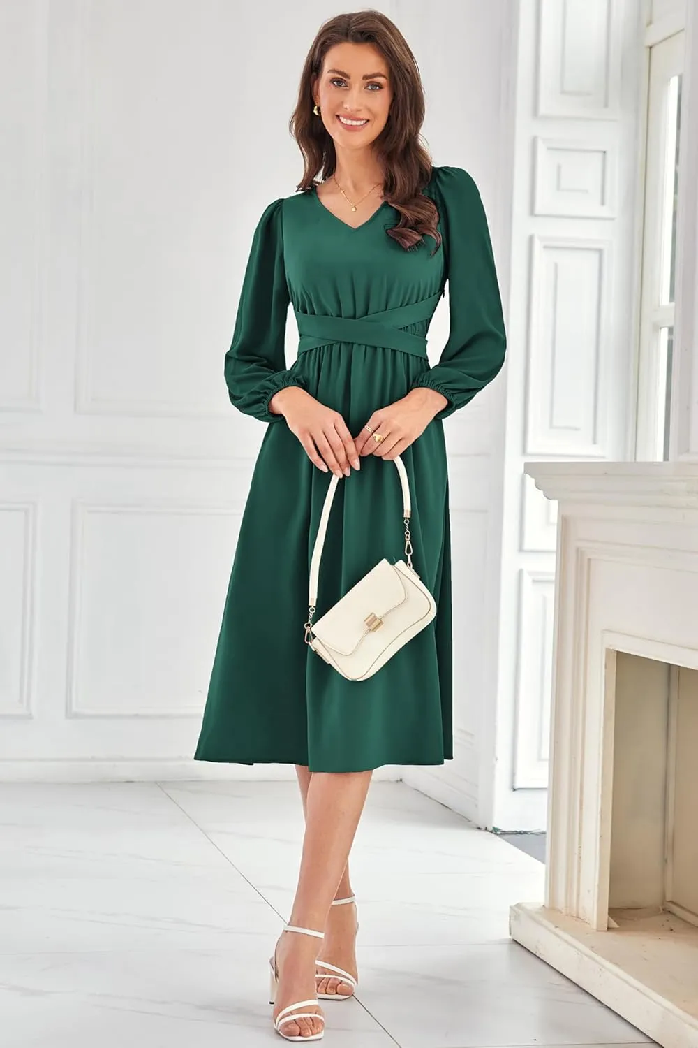 GRACE KARIN Women's Chiffon Dresses V Neck Long Sleeve Smocked Waist A-Line Midi Length Wedding Guest Dress