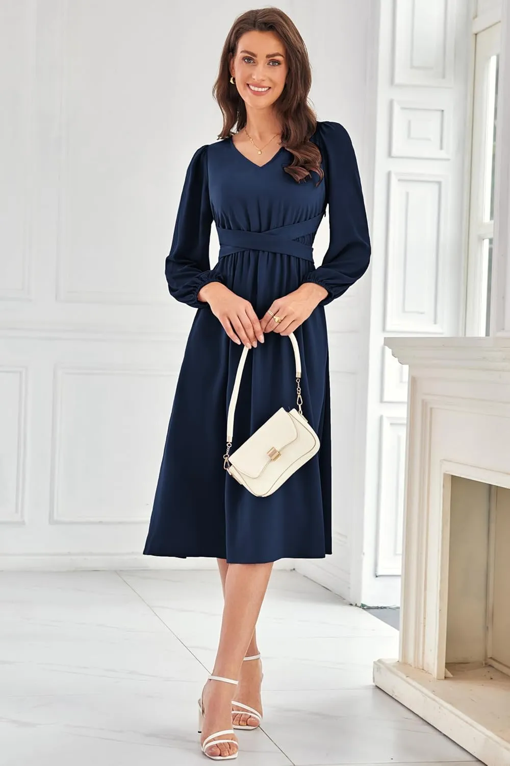 GRACE KARIN Women's Chiffon Dresses V Neck Long Sleeve Smocked Waist A-Line Midi Length Wedding Guest Dress