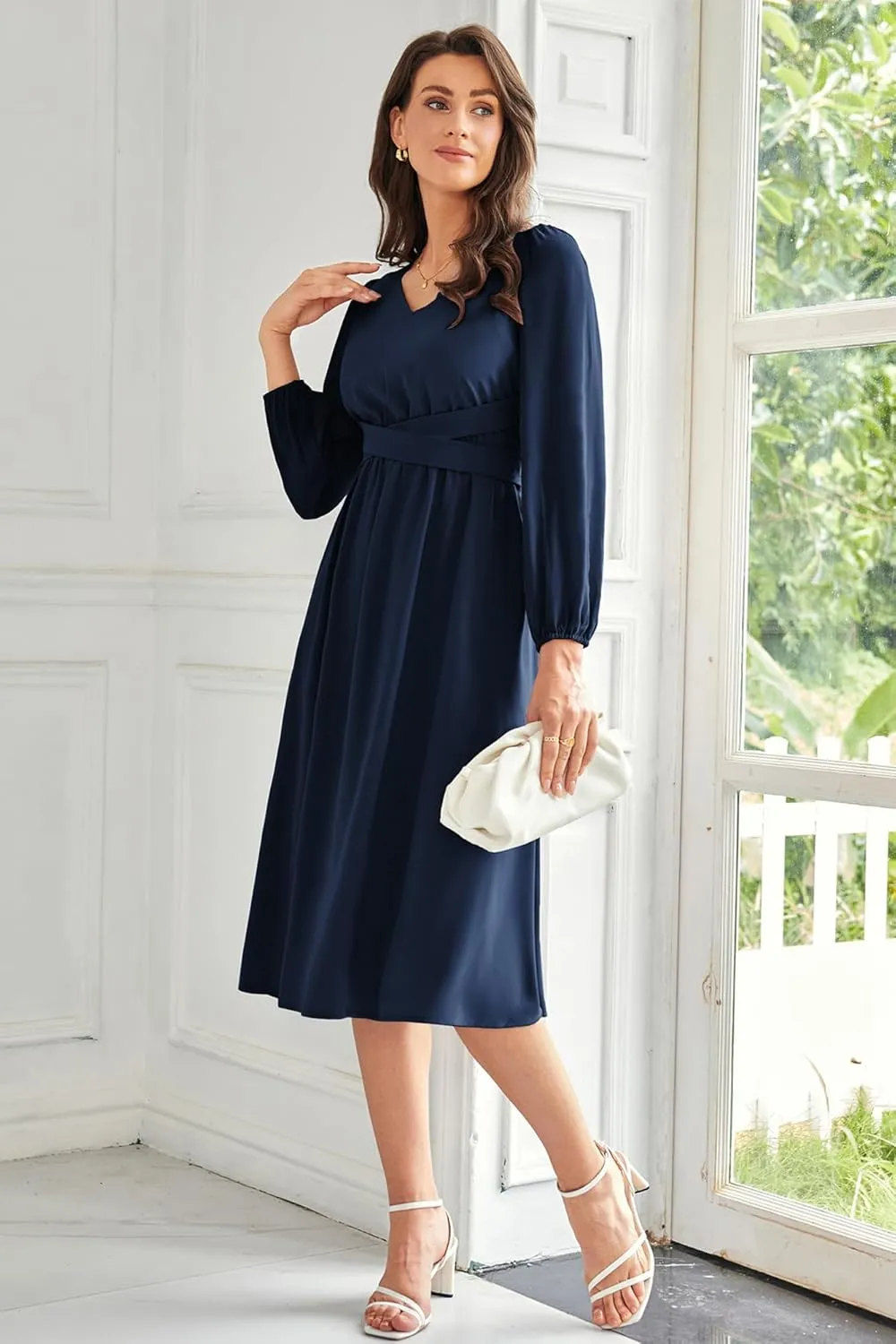 GRACE KARIN Women's Chiffon Dresses V Neck Long Sleeve Smocked Waist A-Line Midi Length Wedding Guest Dress