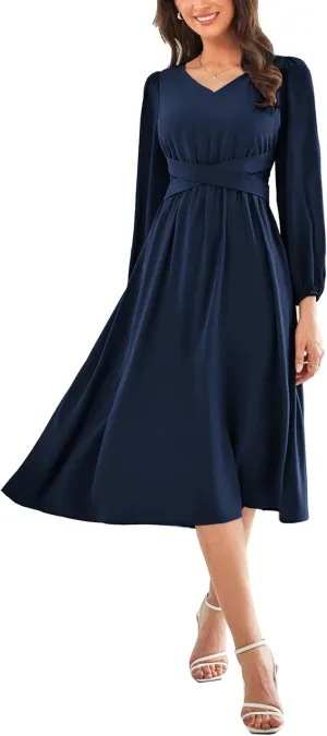 GRACE KARIN Women's Chiffon Dresses V Neck Long Sleeve Smocked Waist A-Line Midi Length Wedding Guest Dress