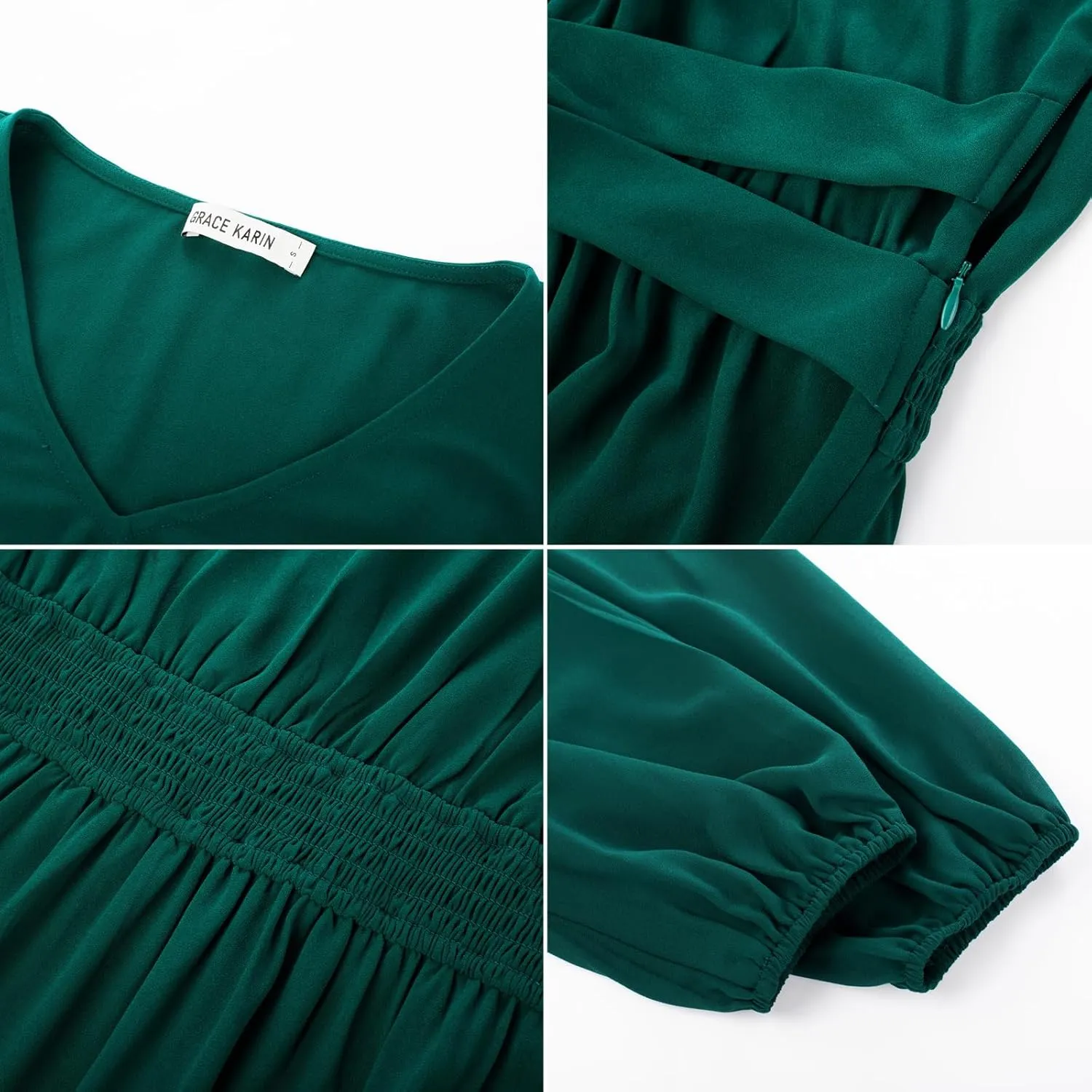 GRACE KARIN Women's Chiffon Dresses V Neck Long Sleeve Smocked Waist A-Line Midi Length Wedding Guest Dress