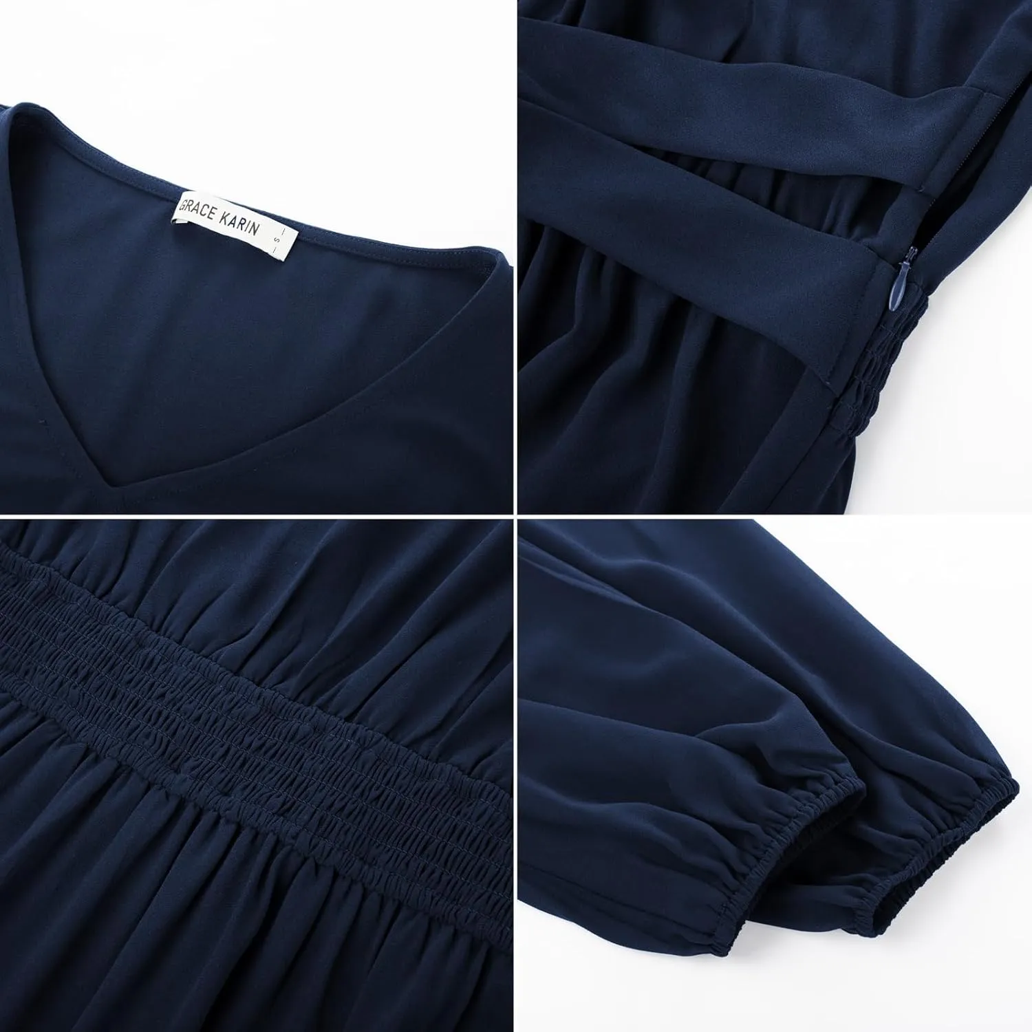 GRACE KARIN Women's Chiffon Dresses V Neck Long Sleeve Smocked Waist A-Line Midi Length Wedding Guest Dress
