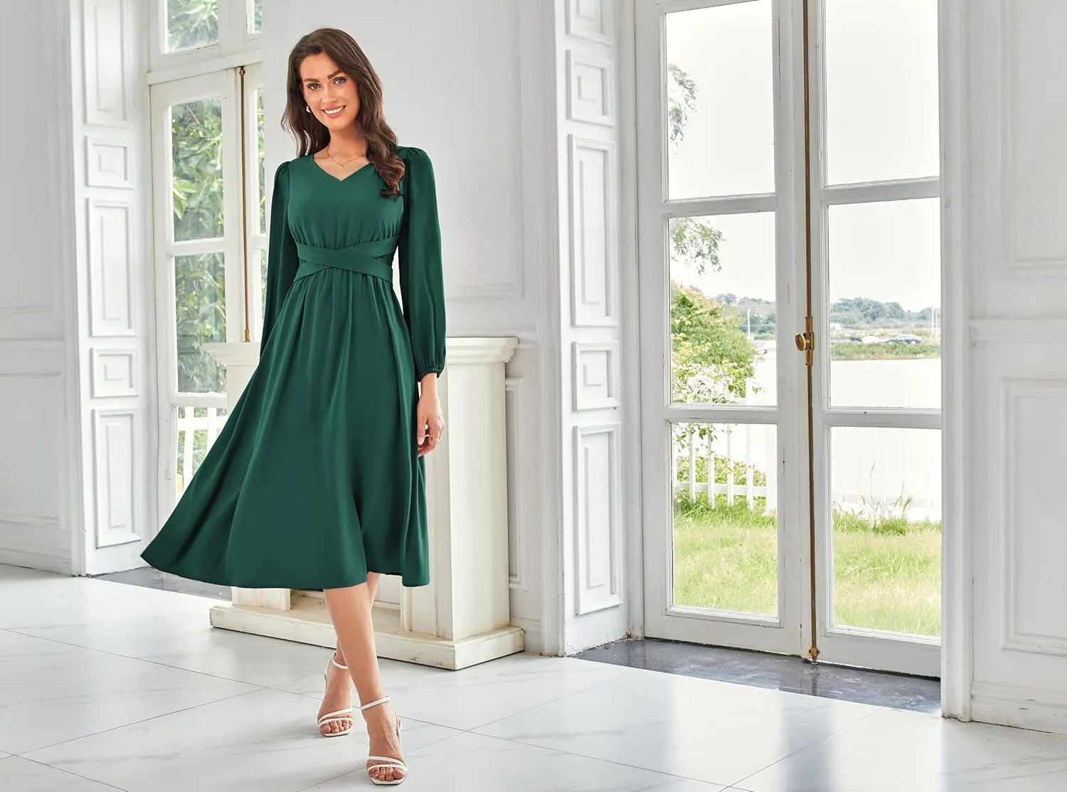 GRACE KARIN Women's Chiffon Dresses V Neck Long Sleeve Smocked Waist A-Line Midi Length Wedding Guest Dress