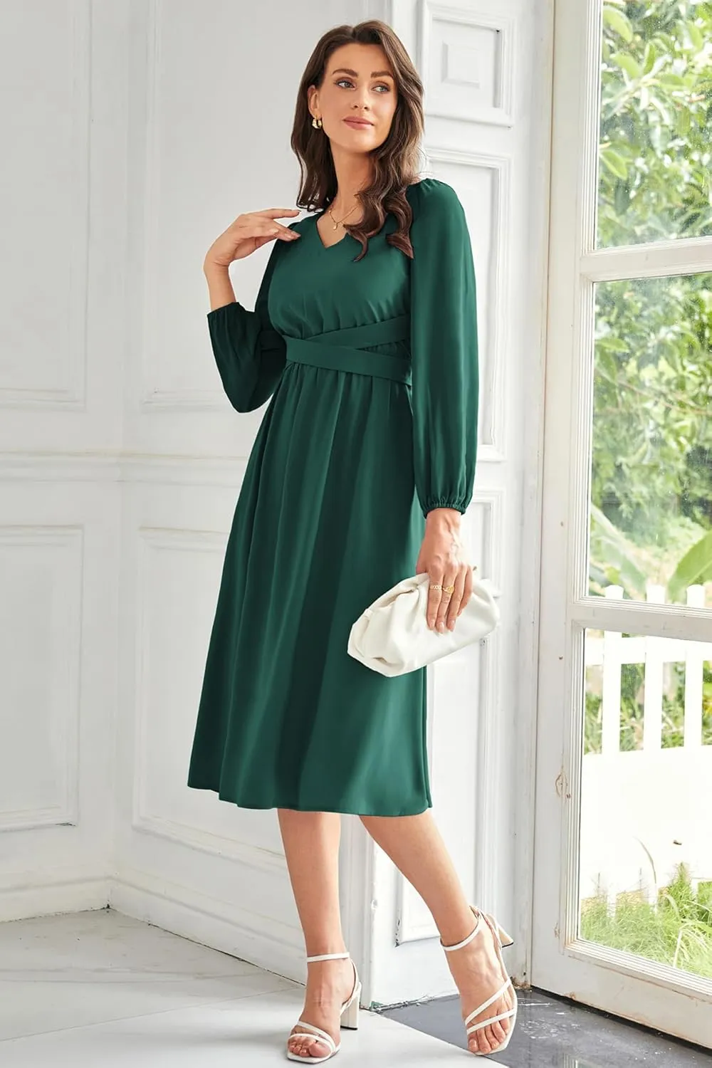 GRACE KARIN Women's Chiffon Dresses V Neck Long Sleeve Smocked Waist A-Line Midi Length Wedding Guest Dress