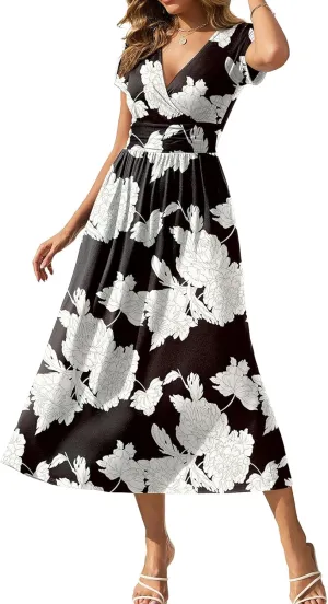 Gracyoga Women's Summer Dresses 2025 Short Sleeve Maxi Dress Casual V Neck Flowy Sundress with Pockets