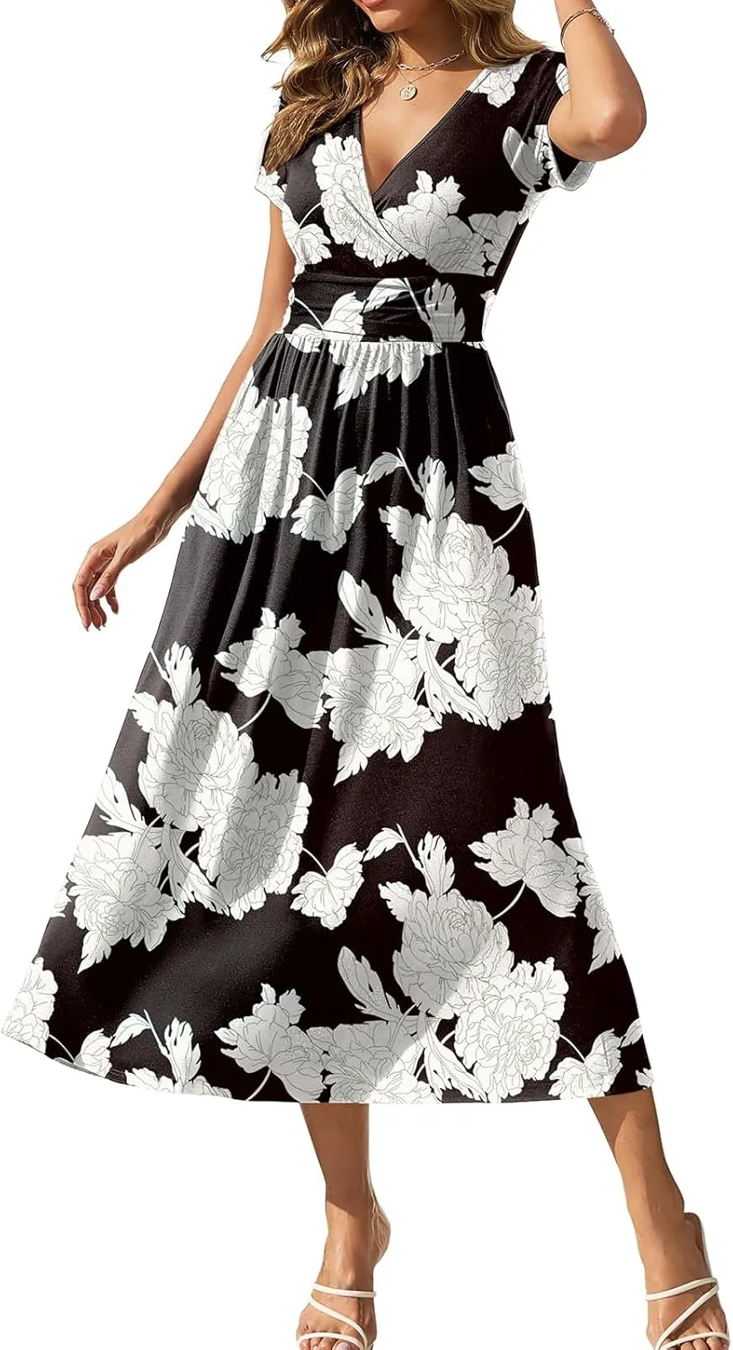 Gracyoga Women's Summer Dresses 2025 Short Sleeve Maxi Dress Casual V Neck Flowy Sundress with Pockets