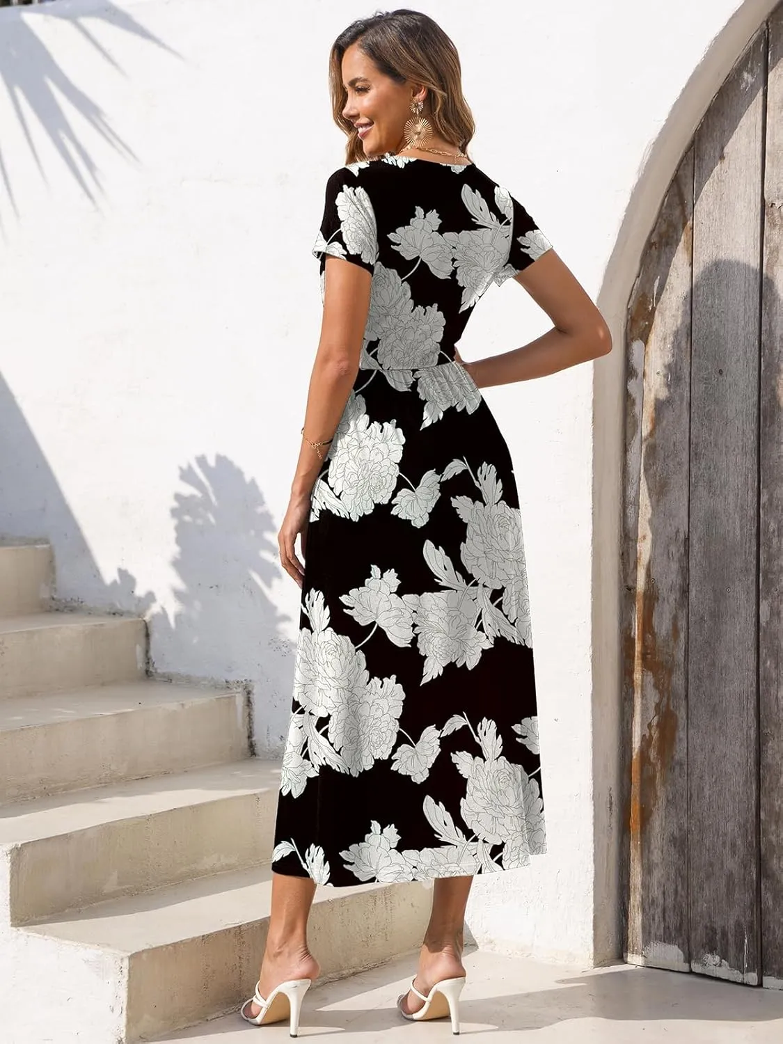 Gracyoga Women's Summer Dresses 2025 Short Sleeve Maxi Dress Casual V Neck Flowy Sundress with Pockets