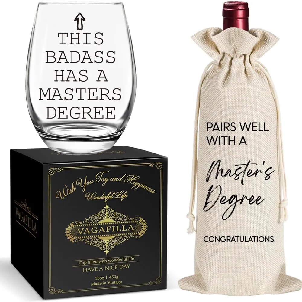 Graduation Glass,This Badass Has a Masters Degree Wine Glass & Wine Bag,Graduation Gifts for Her 15oz