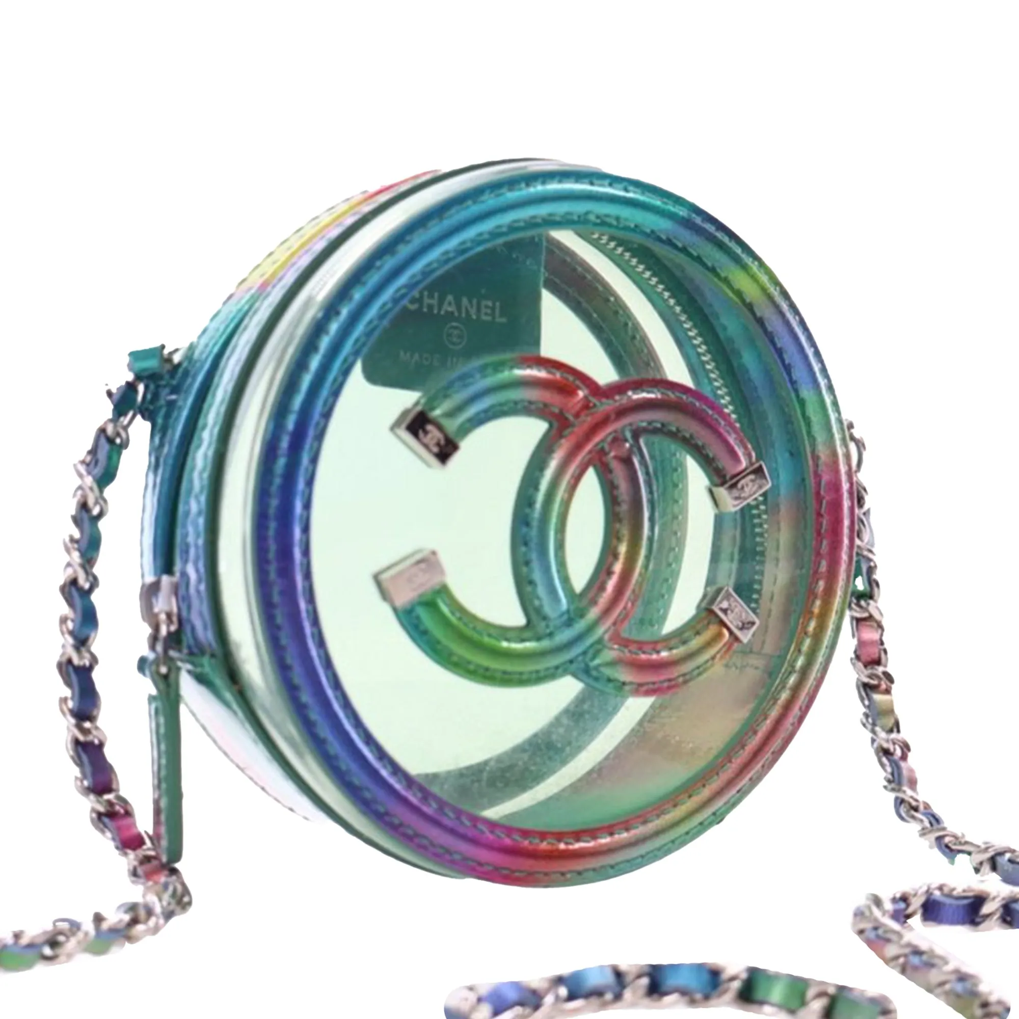 Green Chanel PVC and Metallic Lambskin CC Filigree Round Clutch with Chain Crossbody Bag