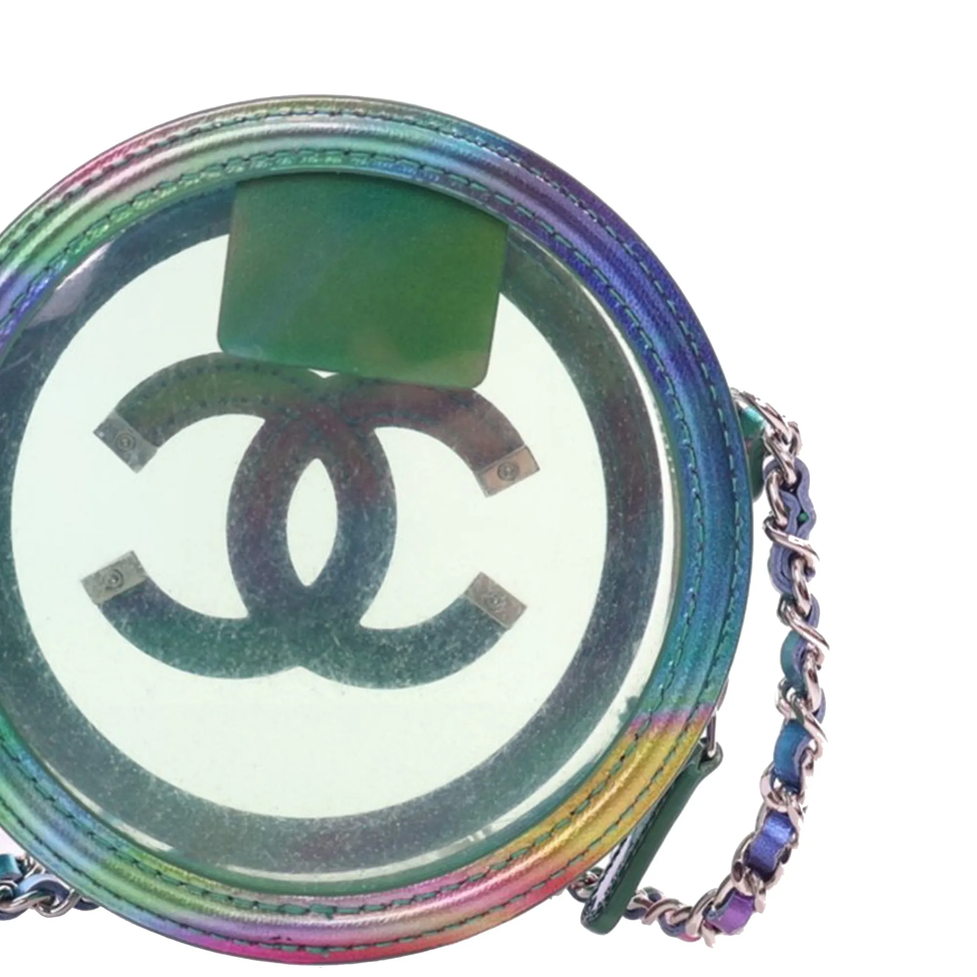 Green Chanel PVC and Metallic Lambskin CC Filigree Round Clutch with Chain Crossbody Bag