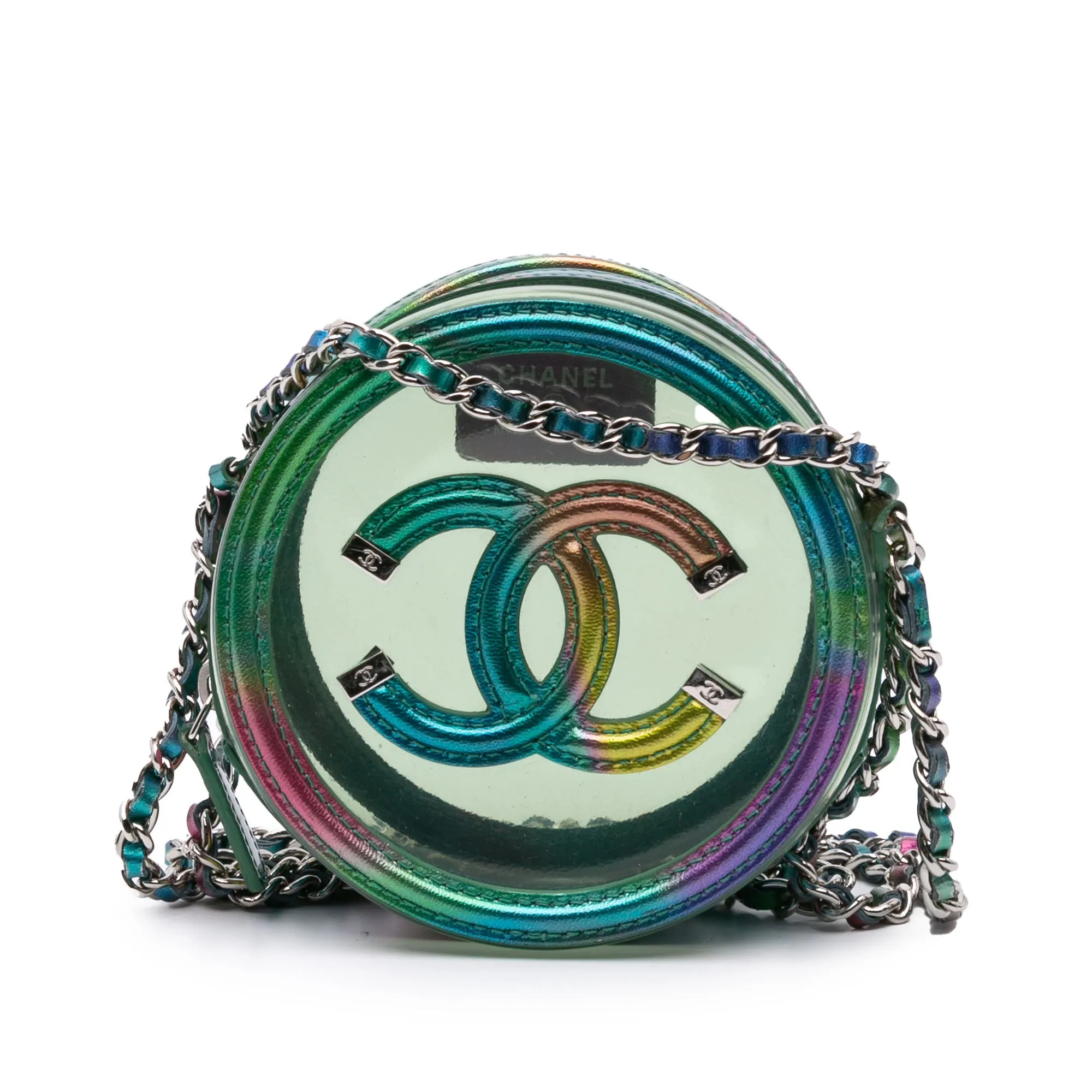 Green Chanel PVC and Metallic Lambskin CC Filigree Round Clutch with Chain Crossbody Bag