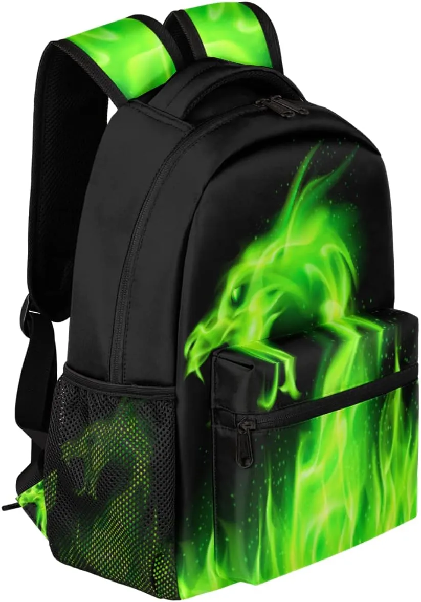 Green Fire Dragon Backpacks for Girls Kids Boys, Chinese Dragon Pattern Casual Lightweight School Bags Laptop Backpack Student College Bookbag Travel Hiking Daypack
