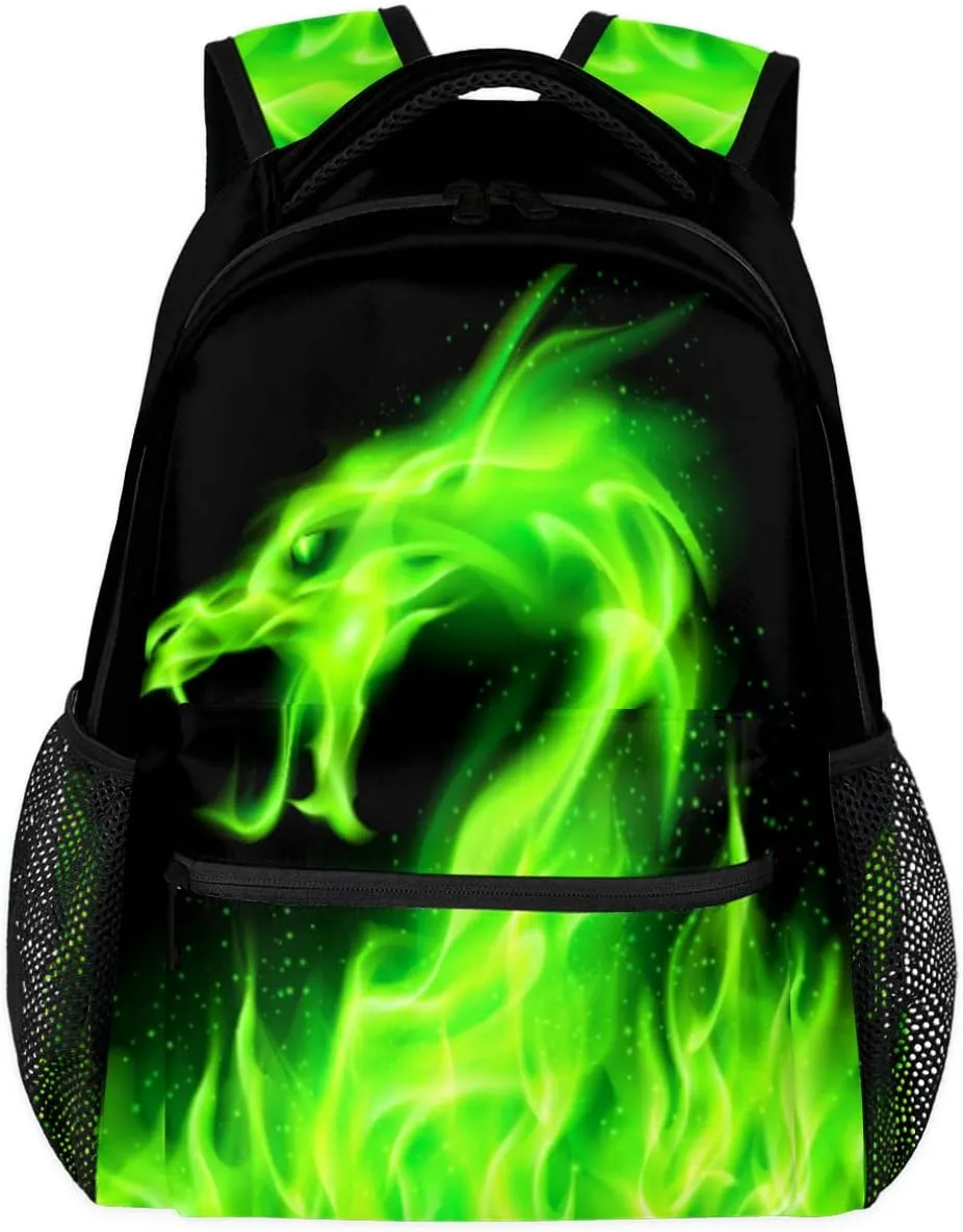 Green Fire Dragon Backpacks for Girls Kids Boys, Chinese Dragon Pattern Casual Lightweight School Bags Laptop Backpack Student College Bookbag Travel Hiking Daypack