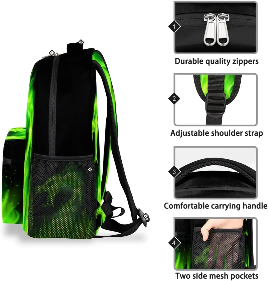 Green Fire Dragon Backpacks for Girls Kids Boys, Chinese Dragon Pattern Casual Lightweight School Bags Laptop Backpack Student College Bookbag Travel Hiking Daypack