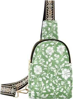 Green Floral Compact Fashion Daypack Full-Print PU Leather Crossbody Bag with Card Pocket & Adjustable Strap for Women on the Go Festivals Travel & Hikes