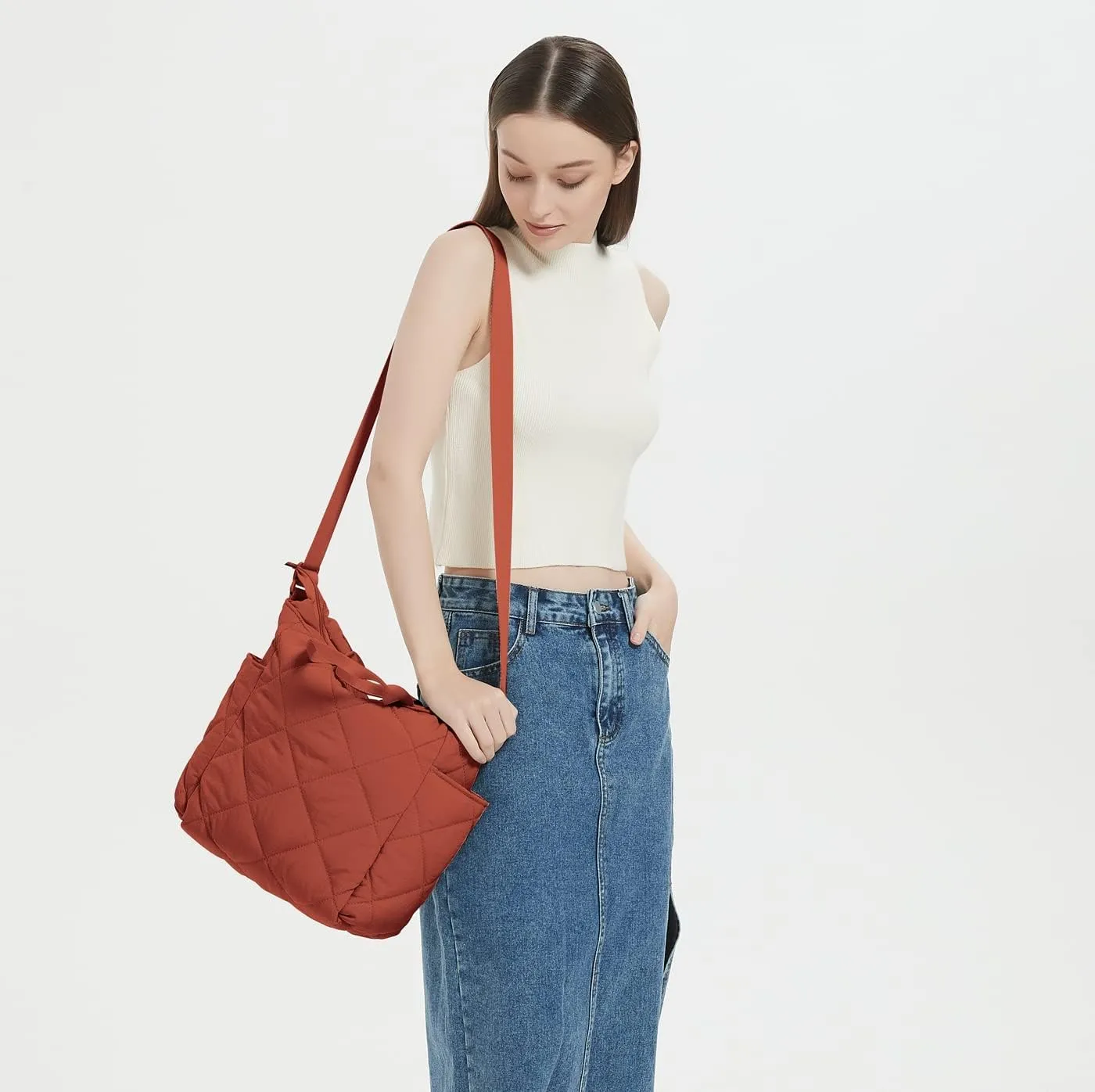 GRPKSSIB Quilted Tote Bag for Women Lightweight Puffer Shoulder Bag Hobo Crossbody Bag Casual Nylon Padding Handbags