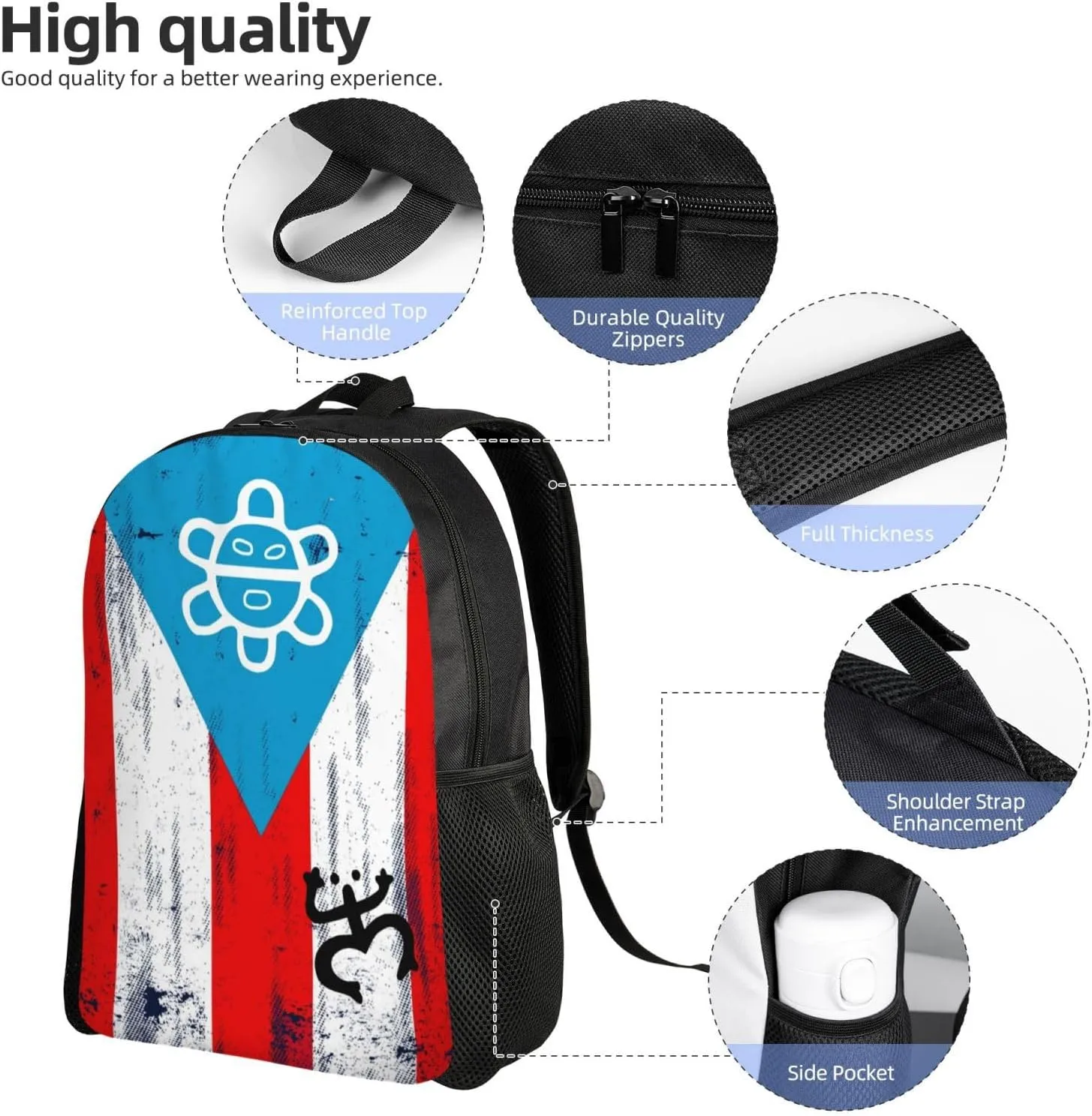 GTEVUTS Rustic Puerto Rico Flag Taino Backpack for Men Women - Puerto Rico Gifts-Patriotic Chic Laptop Black Shoulder Bag Travel Camping Work Outdoor Backpacks,15 Inch,Black