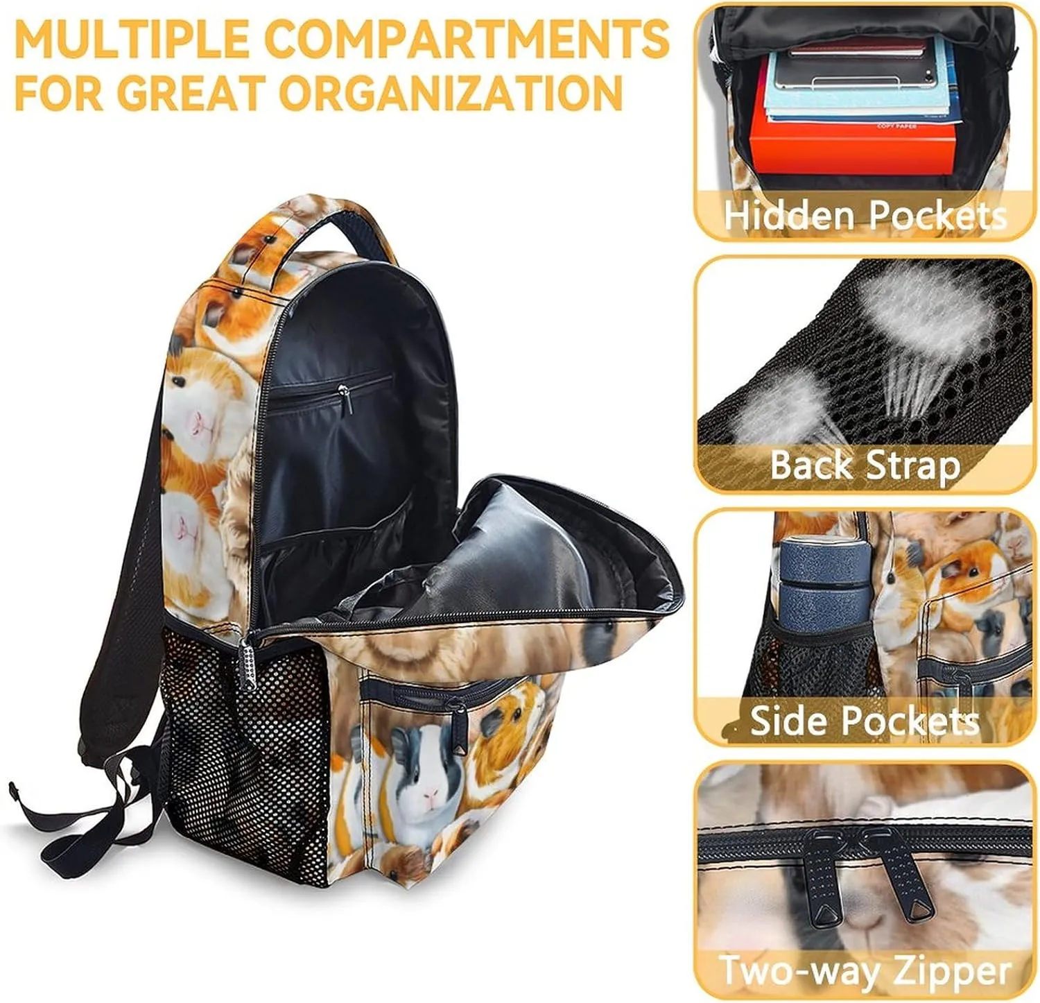 Guinea Pig Girls Backpack for School, 16 Inch Brown Backpacks for Kids, Cute Lightweight Bookbag for Travel