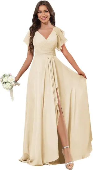 GUKARLEED Women's Long V Neck Bridesmaid Dresses for Wedding Short Sleeve Formal Dress Chiffon Evening Gown with Slit