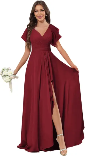 GUKARLEED Women's Long V Neck Bridesmaid Dresses for Wedding Short Sleeve Formal Dress Chiffon Evening Gown with Slit