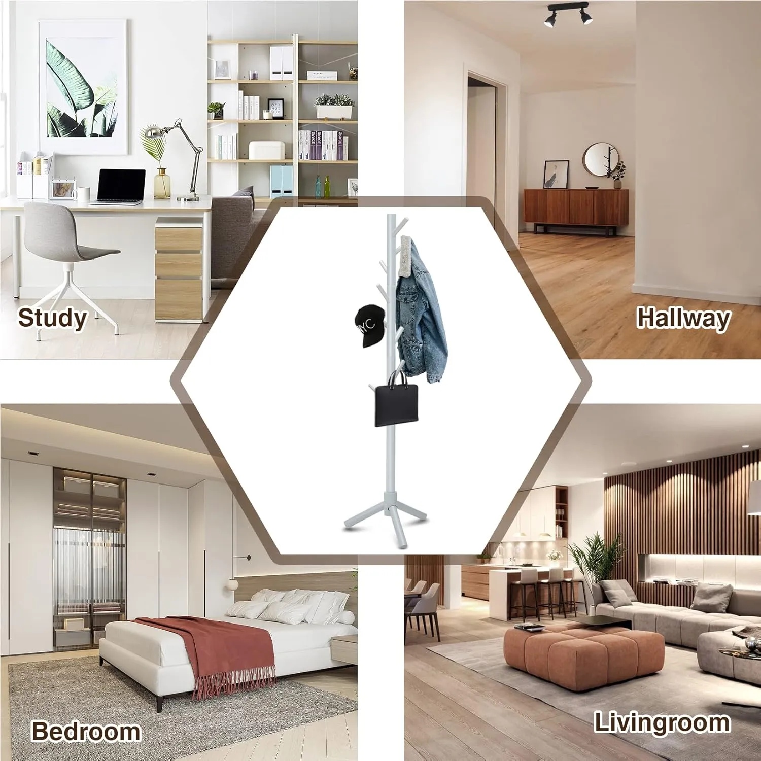 Haddockway Wooden Coat Rack Stand with 8 Hooks New Zealand Pine 3 Adjustable Coat Standing Tree Easy Assembly for Coats, Hats, Scarves and Handbags for Entryway, Hallway, Bedroom, Office