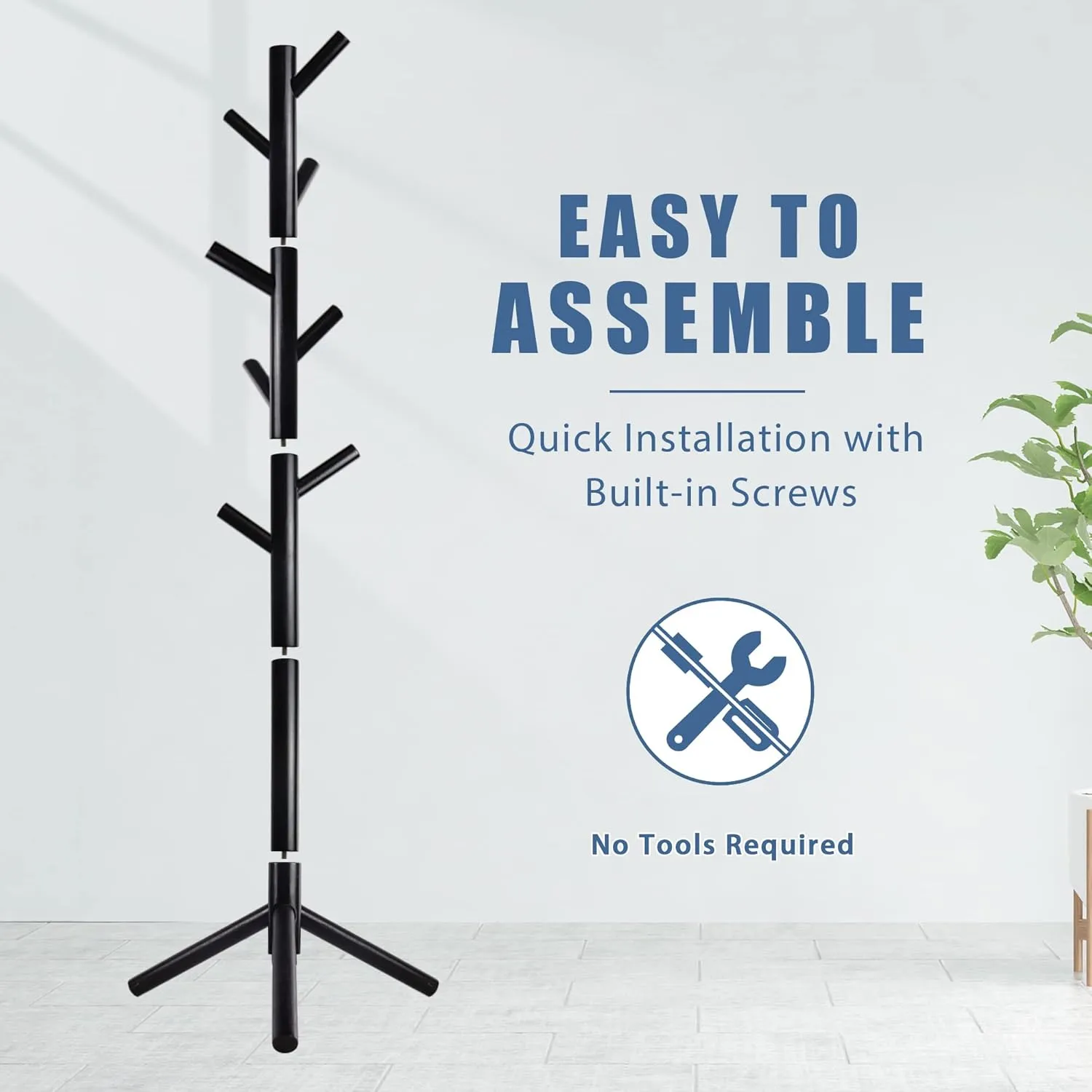 Haddockway Wooden Coat Rack Stand with 8 Hooks New Zealand Pine 3 Adjustable Coat Standing Tree Easy Assembly for Coats, Hats, Scarves and Handbags for Entryway, Hallway, Bedroom, Office